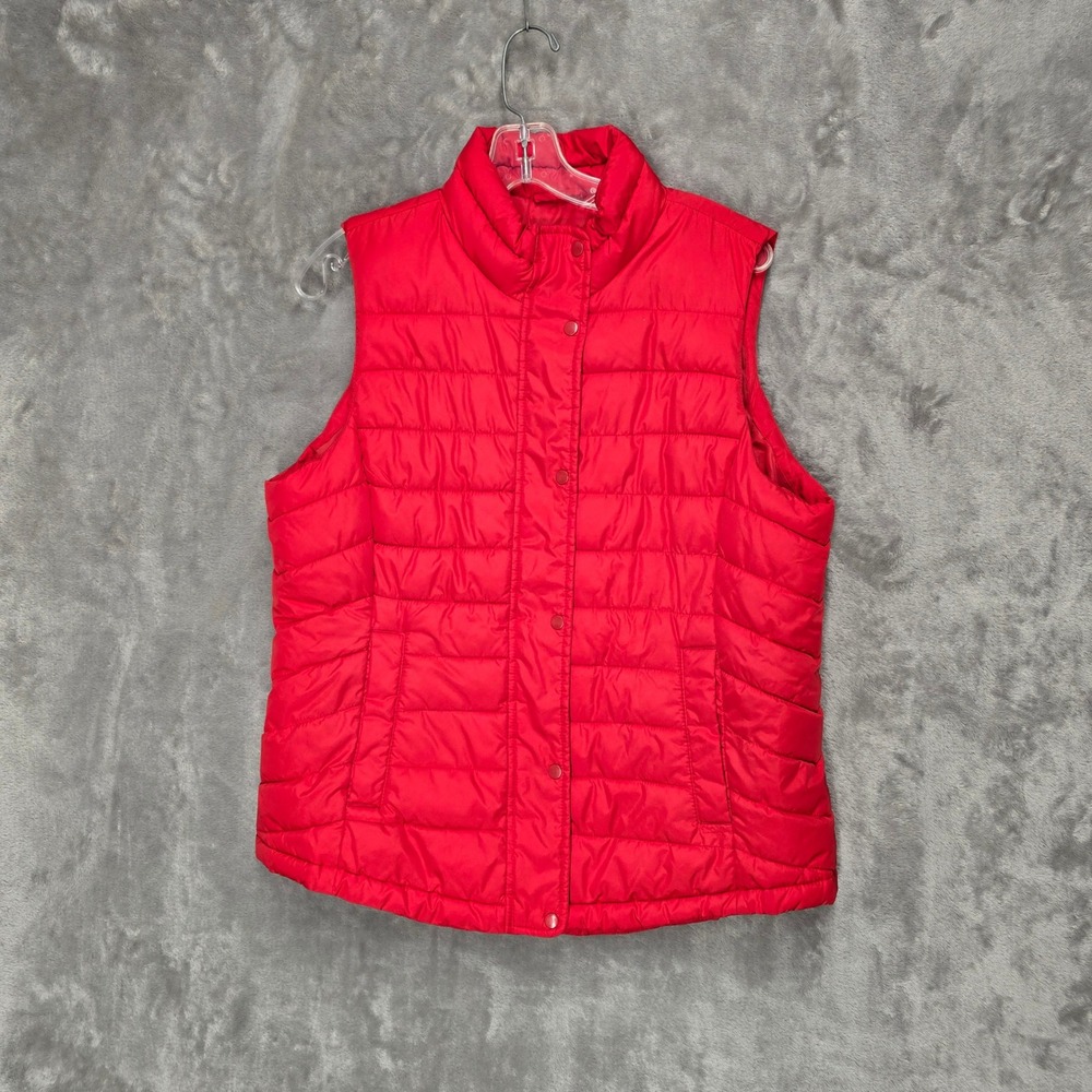 Gap Puffer Vest Women L Red Quilted Zip Snap Front Mock Neck Sleeveless Jacket